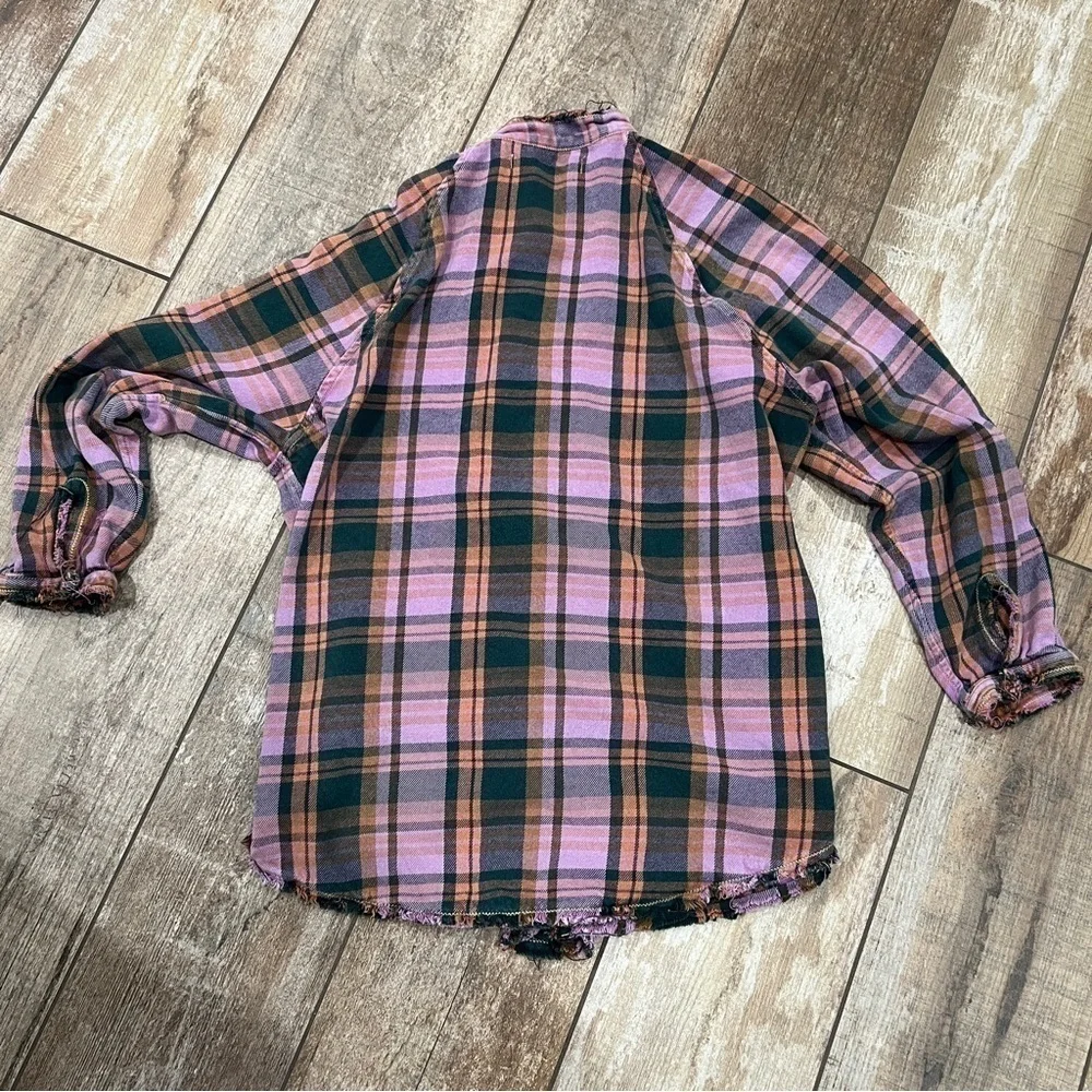 We The Free | Oversized Frayed Plaid Button Up Shirt Pink & Green - Picture 8 of 12